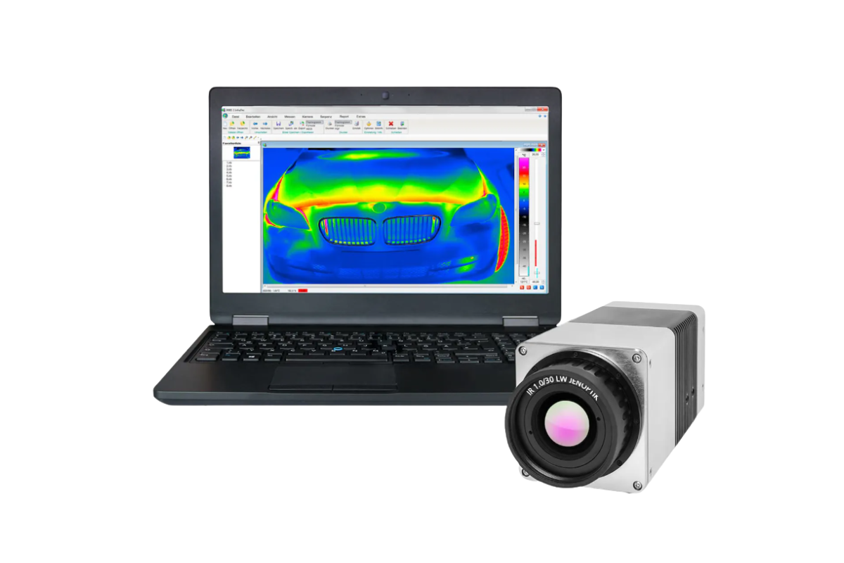 InfraTec VarioCAM HD head 800 camera beside a laptop displaying the graphical user interface of IRBIS 3