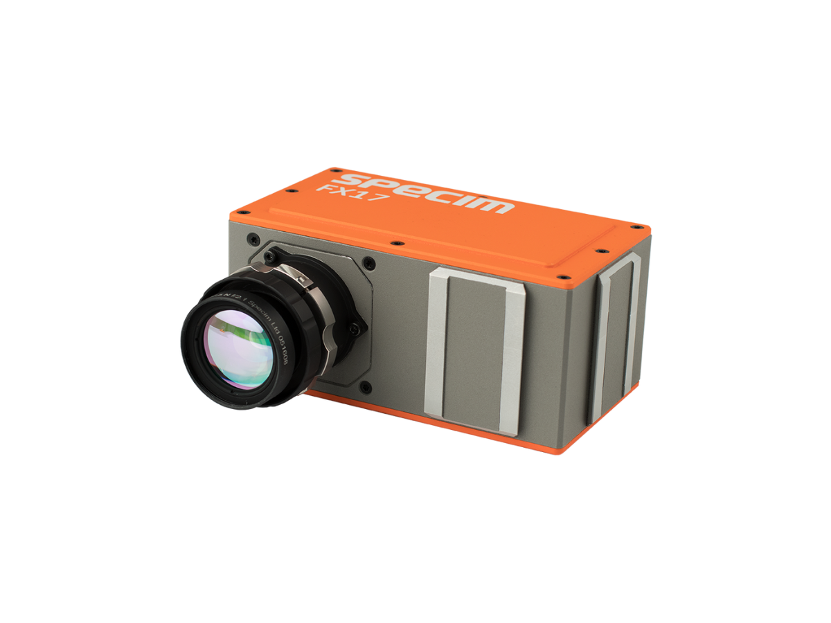 Specim FX17 NIR hyperspectral camera front view with attached objective lens.