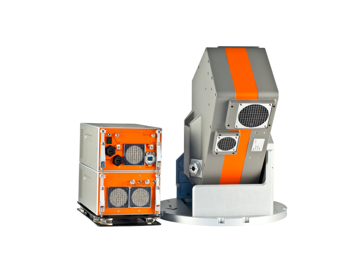 Specim FENIX 1K in an airborne mount with the PCU and DPU stacked beside