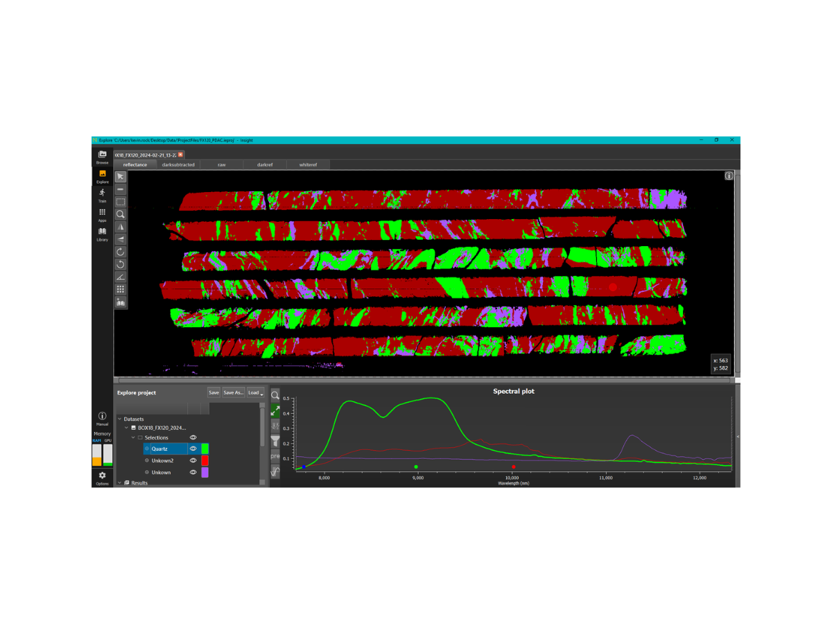 Drill core within INSIGHT software interface showing classification of different minerals based on spectral reflectance