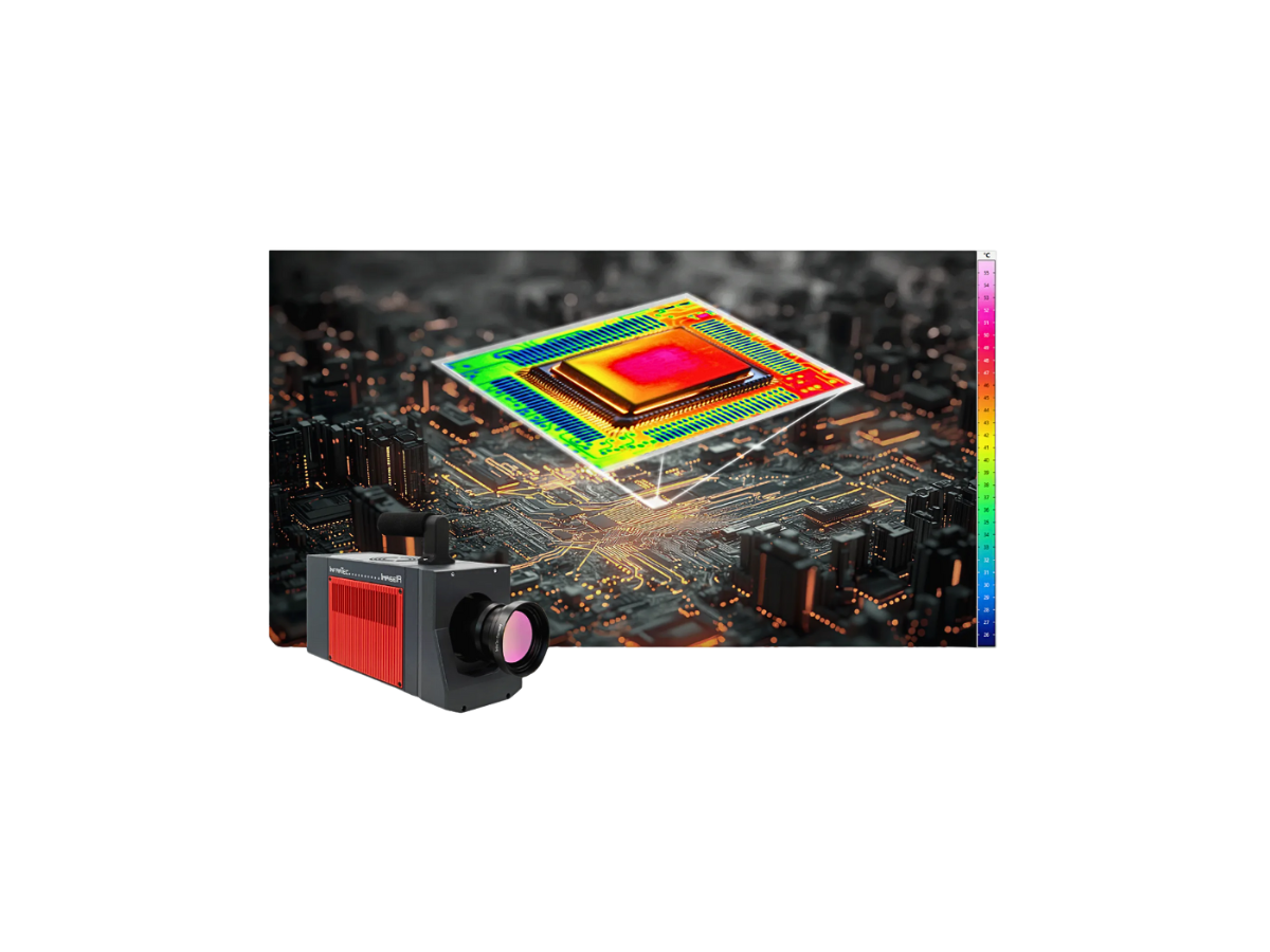 InfraTec imageIR 12300 Camera beside close-up thermal image of circuit board