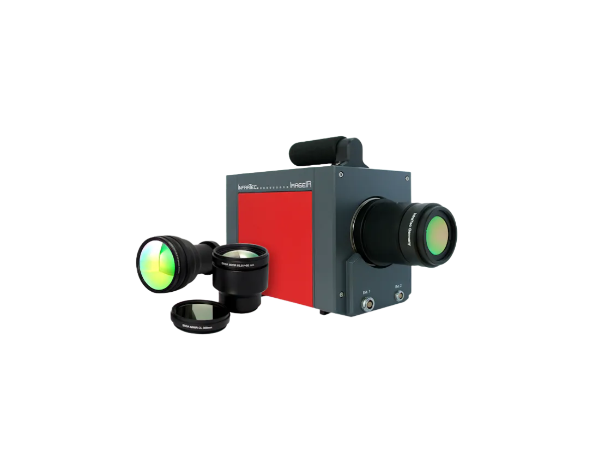 InfraTec ImageIR 8300 hp camera side view, with additional unmounted objective lenses sitting beside it