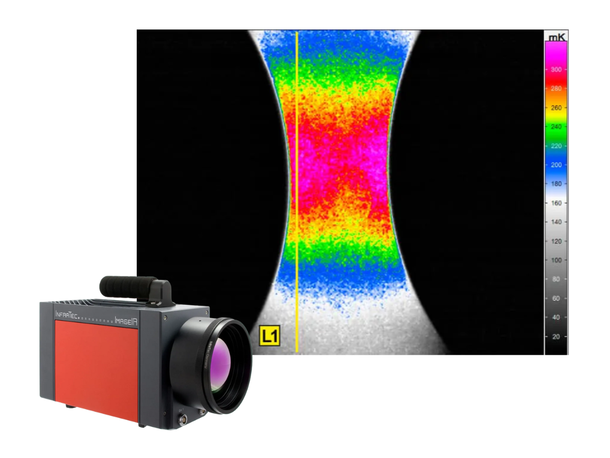 InfraTec ImageIR 8300 camera beside thermal image of stress analysis in metal