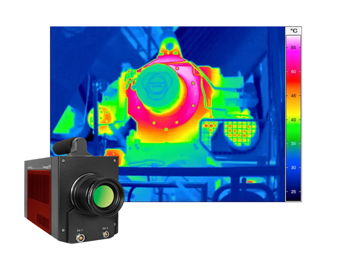 InfraTec ImageIR 9400 camera beside thermal image of industrial machine