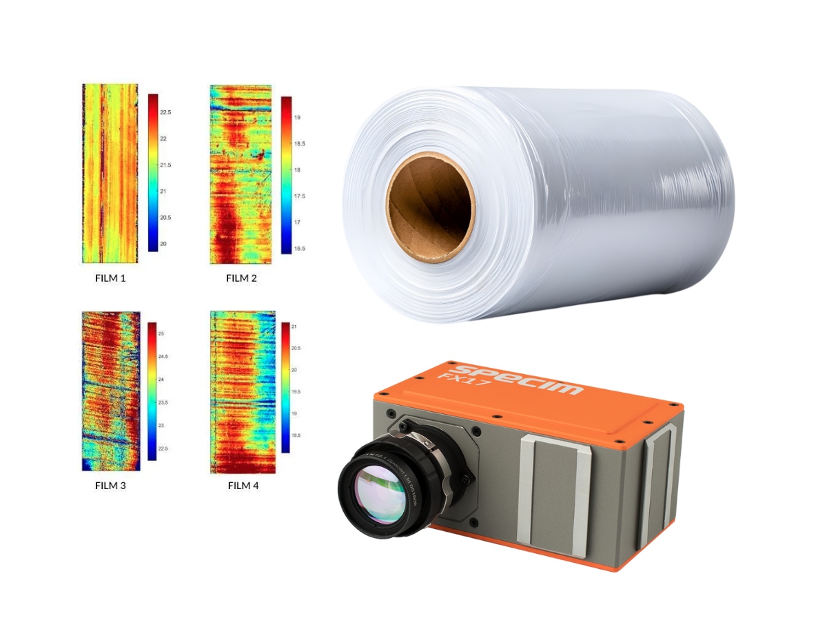 Plastic film roll beside spectral thickness map and FX17 camera