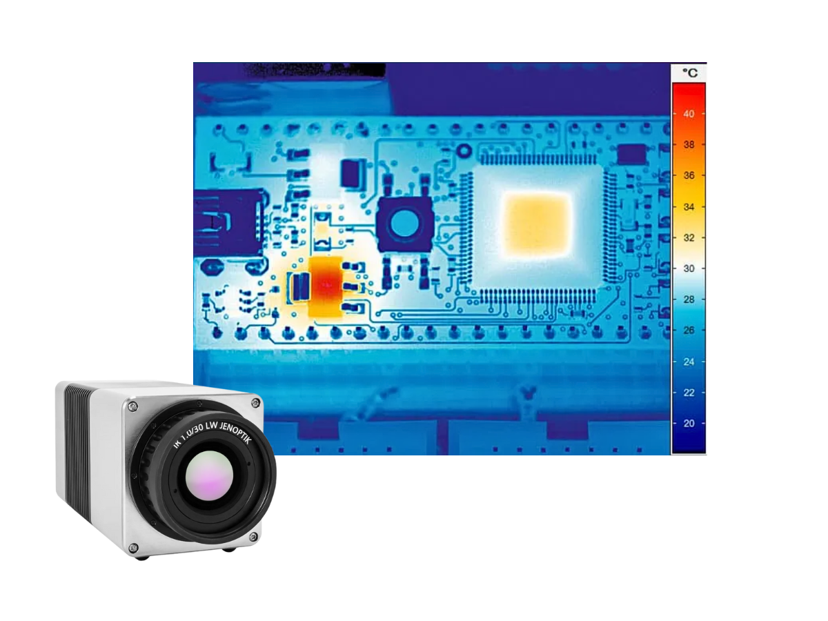 VarioCAM HD head 800 camera beside a thermal image of an electronics board