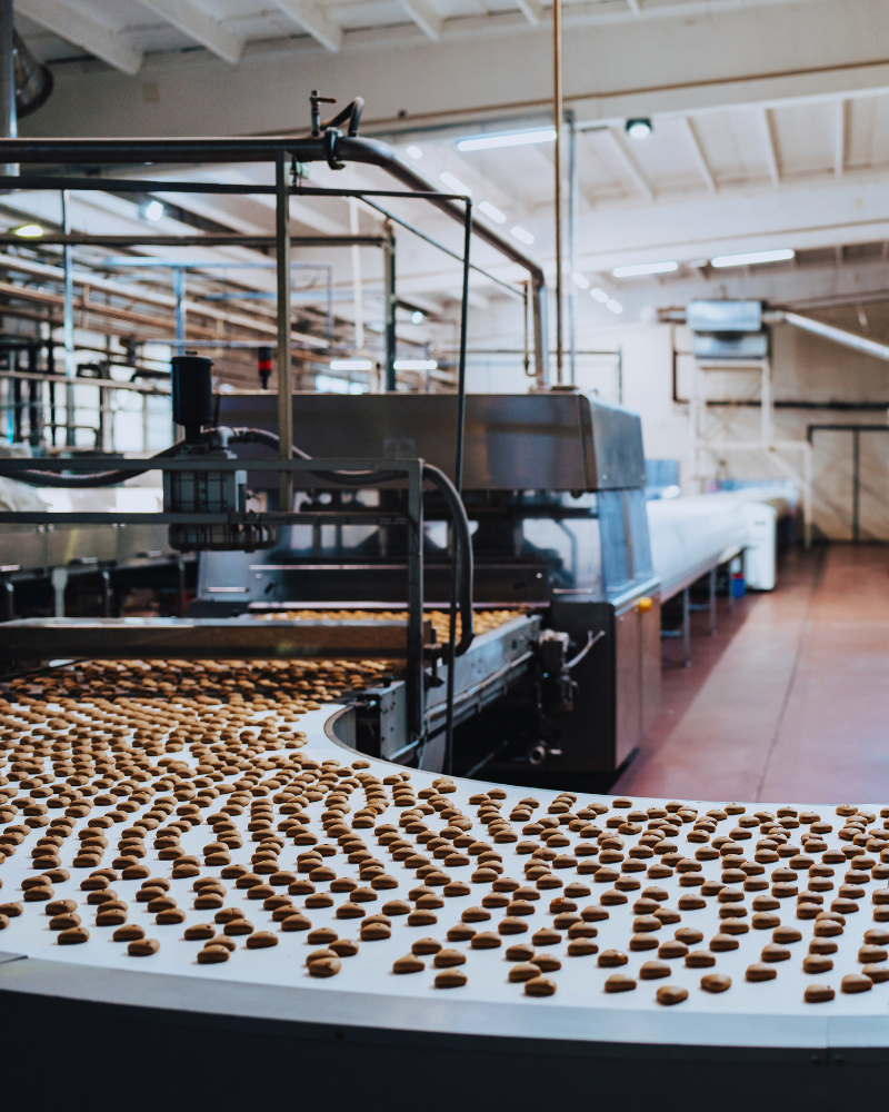 Conveyor of food product moving under and inspection system in a production facility